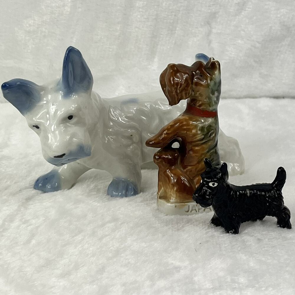 Lot 3 Vintage Japan Dog Figurines Porcelain Terrier Scottie Mixed Glaze Styles